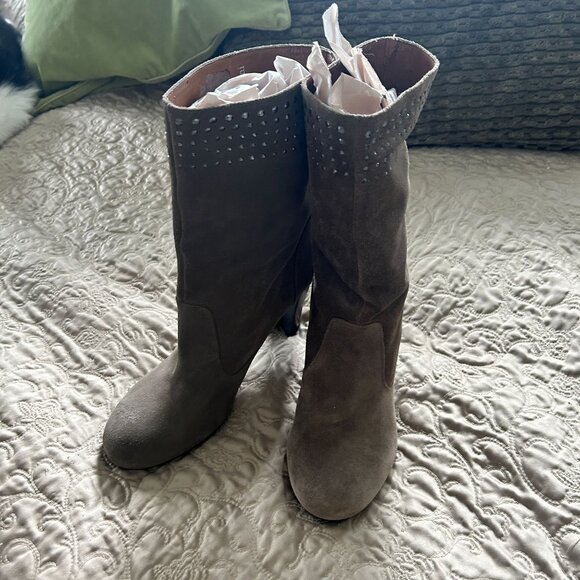 Dark Green Suede Mid-Calf Boots With Rhinestone Accents - Picture 10 of 12